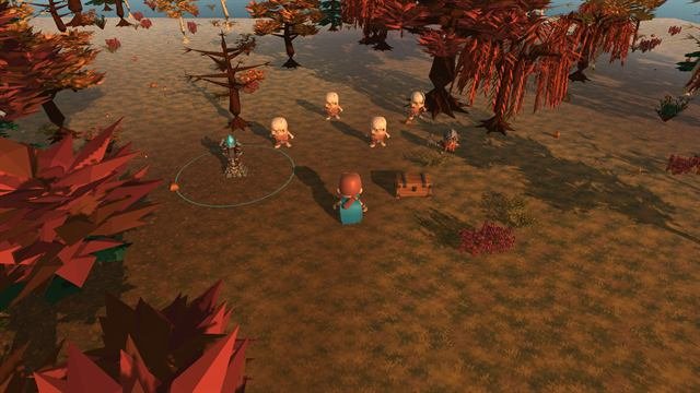Autumn Dusk at sunset: the ranger near a totem and a chest